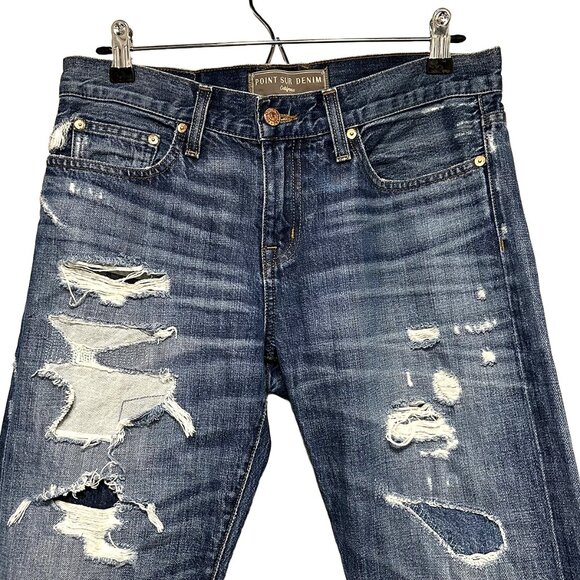 POINT SUR‎ Mid Rise Distressed Bootcut Jeans - EUC - size 26 - blue - ripped - Picture 2 of 13